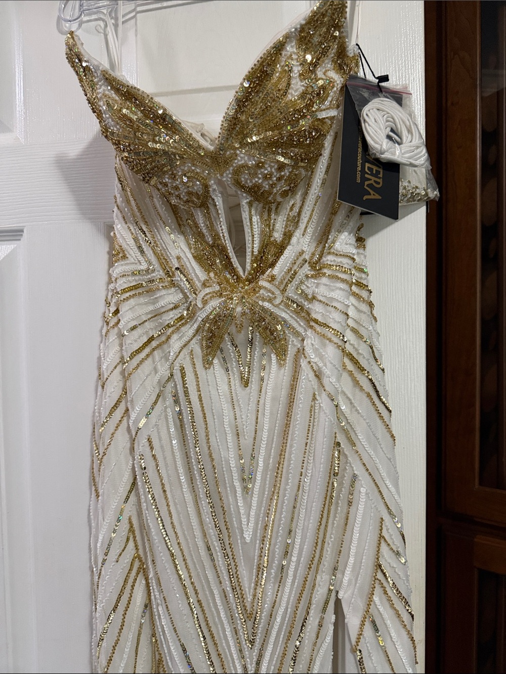 Primavera Couture White and Gold Beaded V-Neck Prom Gown